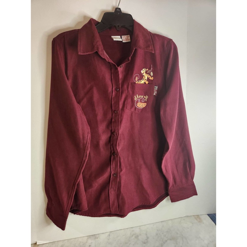 Disney Pooh Tigger Maroon Button Down Long Sleeve Embroidery Size M Women VTG